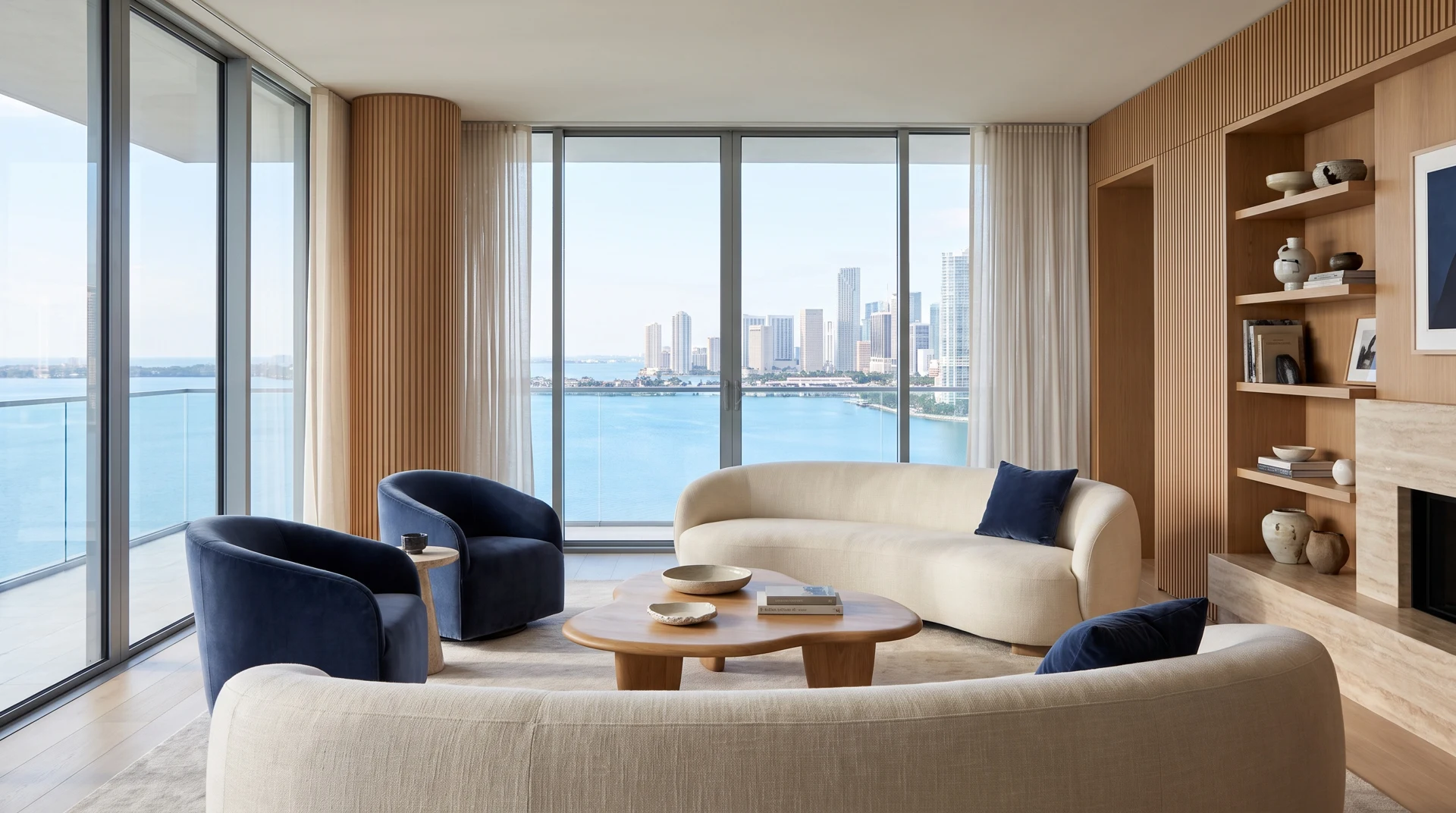 An elegant home with views over a lake and city
