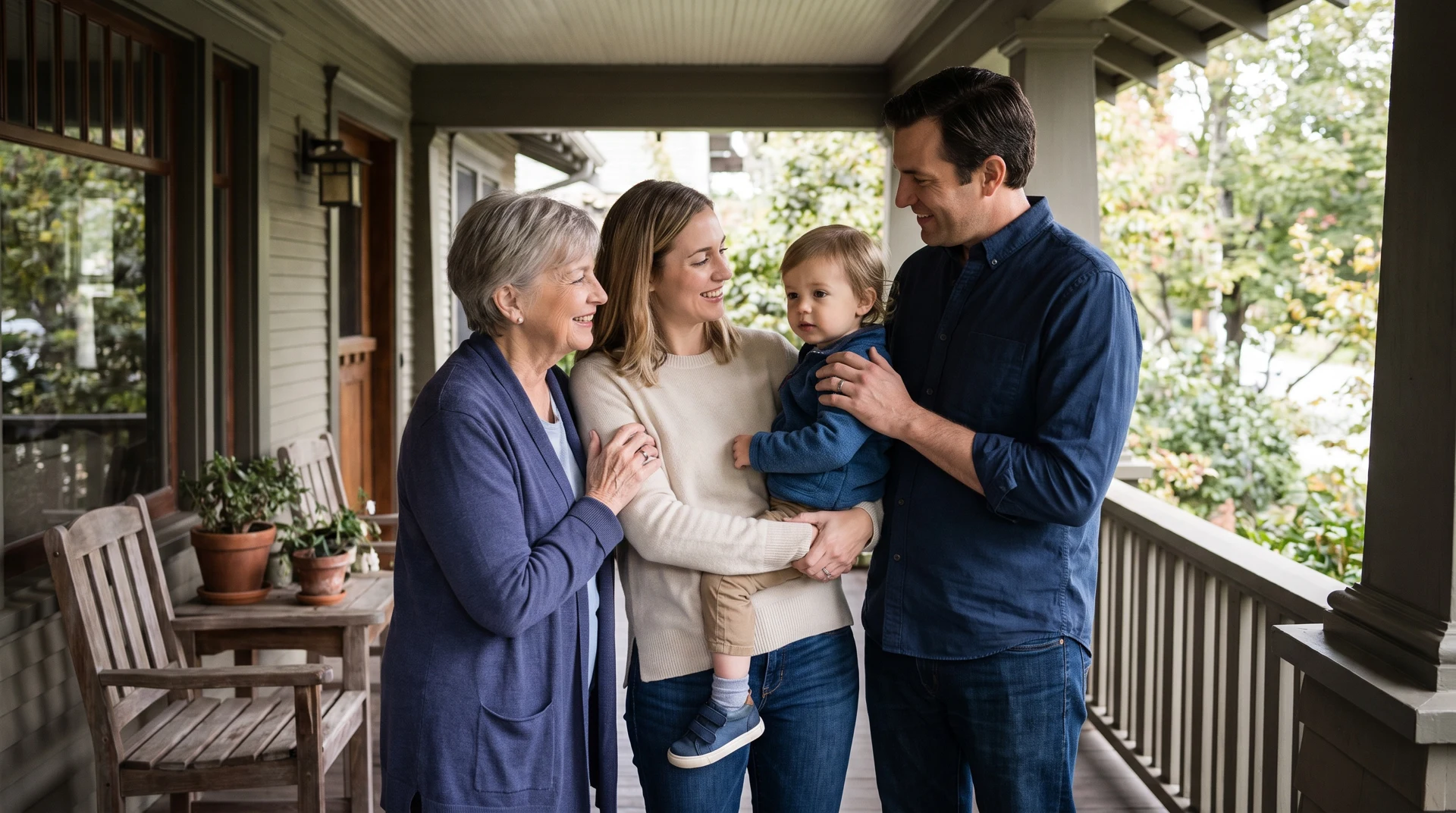 A multigenerational family together on a porch