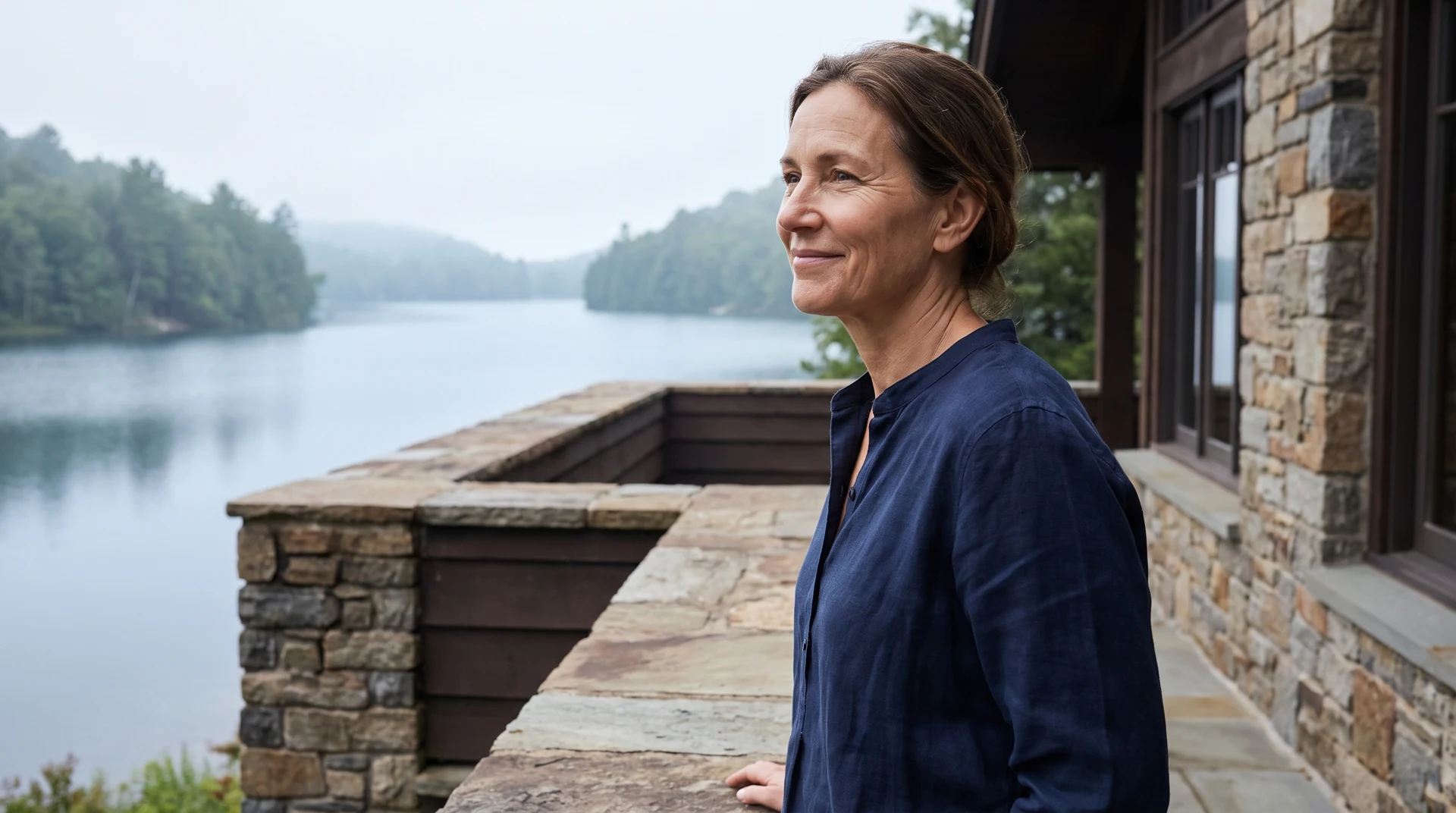 A woman reflecting beside a peaceful lake