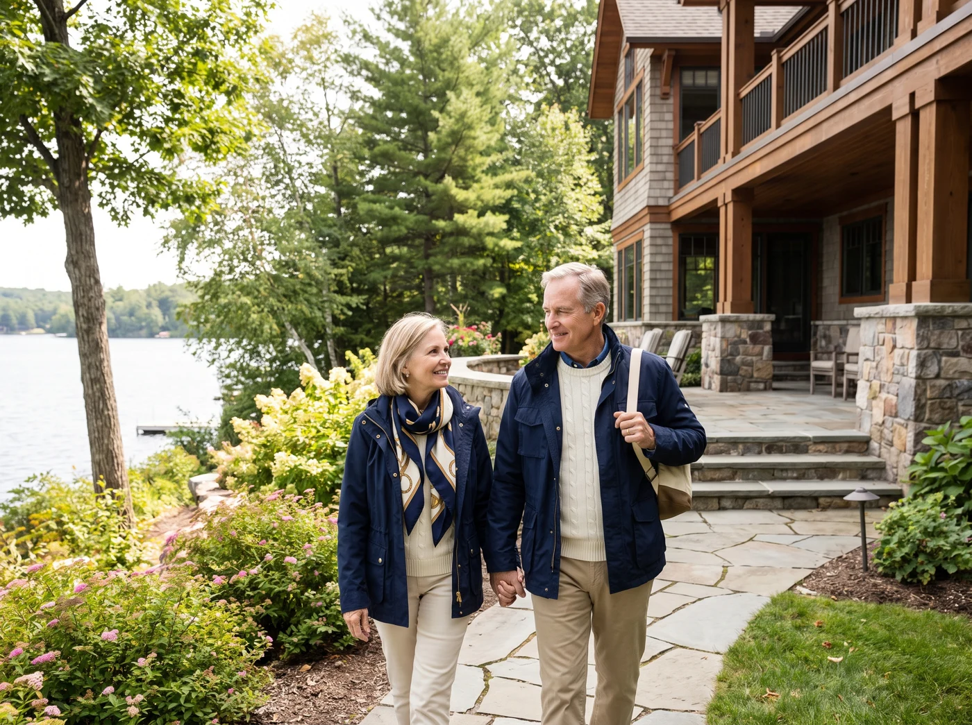 A retired couple enjoying time together beside a lake