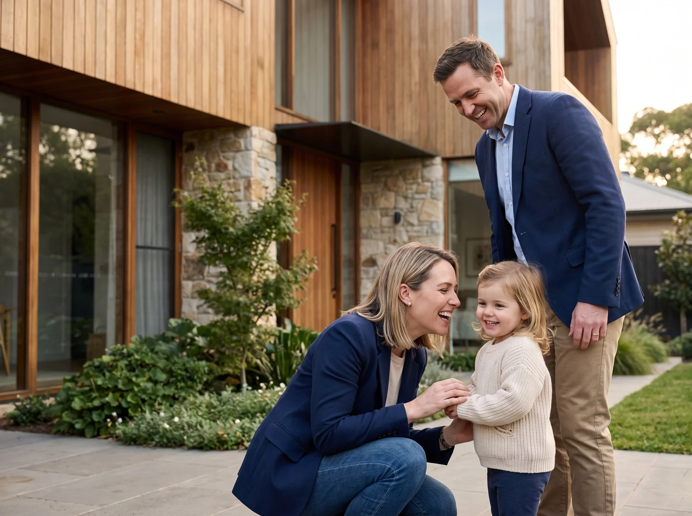 A young family spending time outside their home